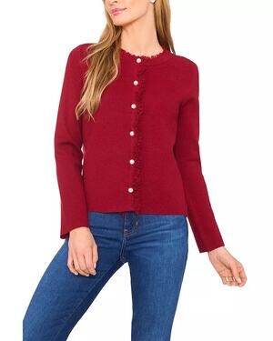 CeCe Fringe Cardigan in Mulberry Red Size Medium